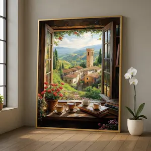 [sale off up to 40%] [Frame Canvas] Large Framed Window View, Art Print Canvas, Tuscany Landscape Wall Art, Rustic Village Scene, Home Decoration Canvas
