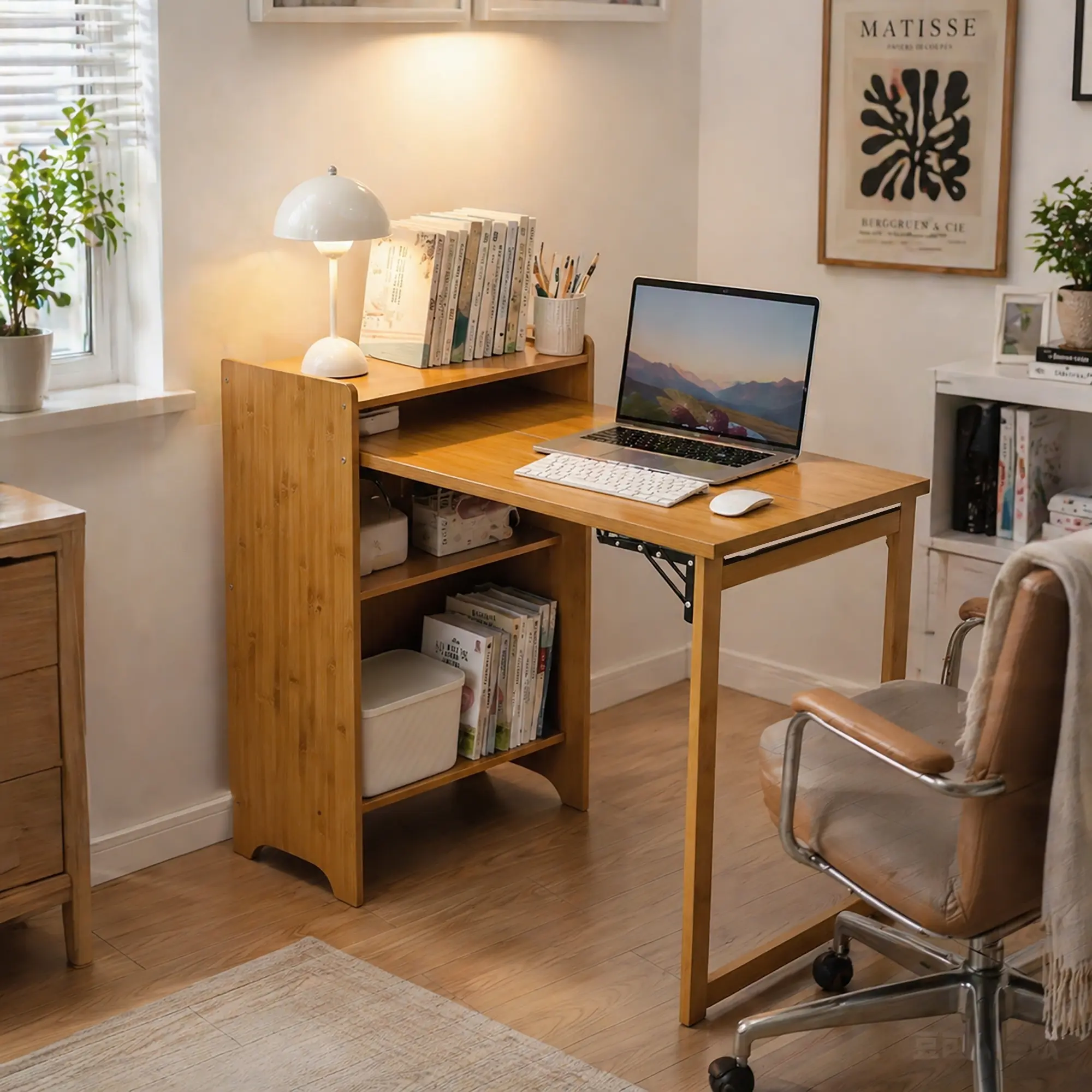 Bamboo Folding Desk, Mid Century Foldable Computer Desk with Hidden Storage, Portable Foldable Table, Space Saving Workstation for Home Office, Bedroom, Study Room, Brown