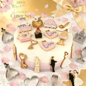 12PCS Wedding Cookie Cutter Set Stainless Steel Baking Molds with Bride, Groom, Wedding Dress, Engagement Ring & More Perfect for Wedding Cake Decorating, Party Favors, Engagement Celebrations, Anniversary Treats & Valentine's Day Baking Baking Tools
