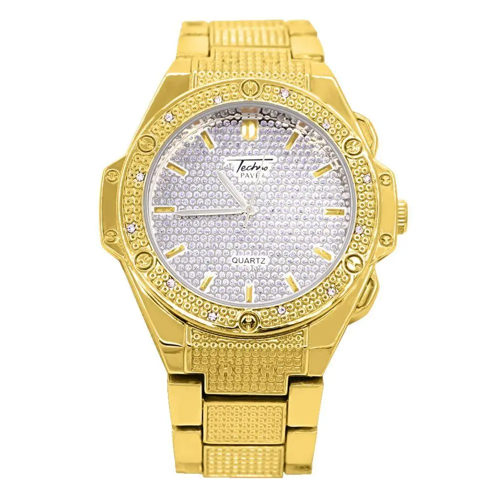Men's 50MM Futuristic Quartz Analog Watch - Iced Out Hip Hop Style with Stone Bezel, White/Yellow Gold, Bold Heavy Case, Round Face, Male Fashion Accessory