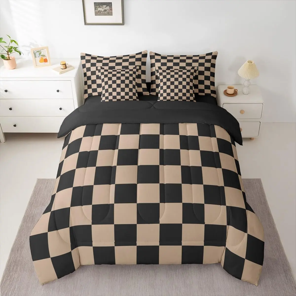 Checkered Retro Comforter Set with Sheets 7 Piece Brown Plaid Bed in a Bag Geometric Vintage Bedding Set Modern Simple Groovy Aesthetic Bedroom Decor Breathable Soft