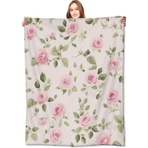 Pink Rose Blanket Flower Throw Blankets with Green Leaves,Birthday Gifts for Women Girls,Lightweight Soft Fleece,for Sofa Couch Bed Room Spring Artistic Romantic Decor 50x60in