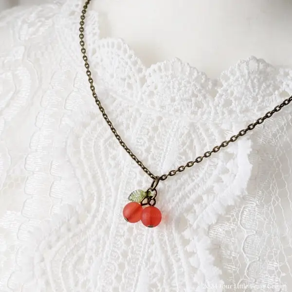4LittleBearsGroup Frosty Beads Cherry Necklace with Gift Bag Red & Pink Fruits Antique Bronze Chain 18 Inch + 2 Inch Extension Perfect for Daily Wear