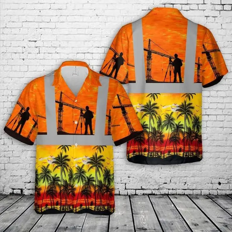 Construction Worker Hawaiian Shirt, Construction Ahola Shirt Men Funny Engineer Crane Surveyor Palm Tree Sunset Print Orange Loose Breathable Button Down Beach Summer Casual Gift Top
