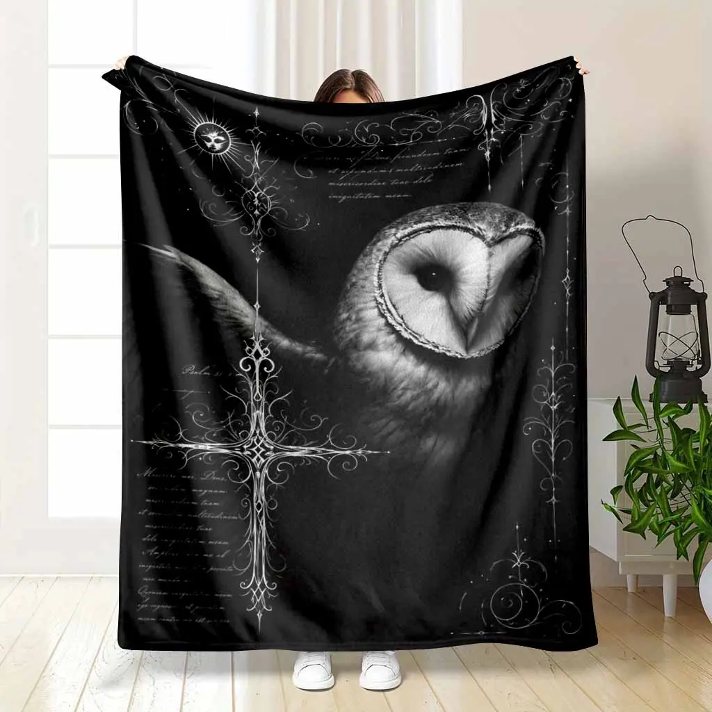 Gothic Owl Flannel Blanket Black White Barn Owl Cross Filigree Script Print Soft Warm Lightweight Cozy Throw for Sofa Bed Dorm Reading Nook Halloween Gift