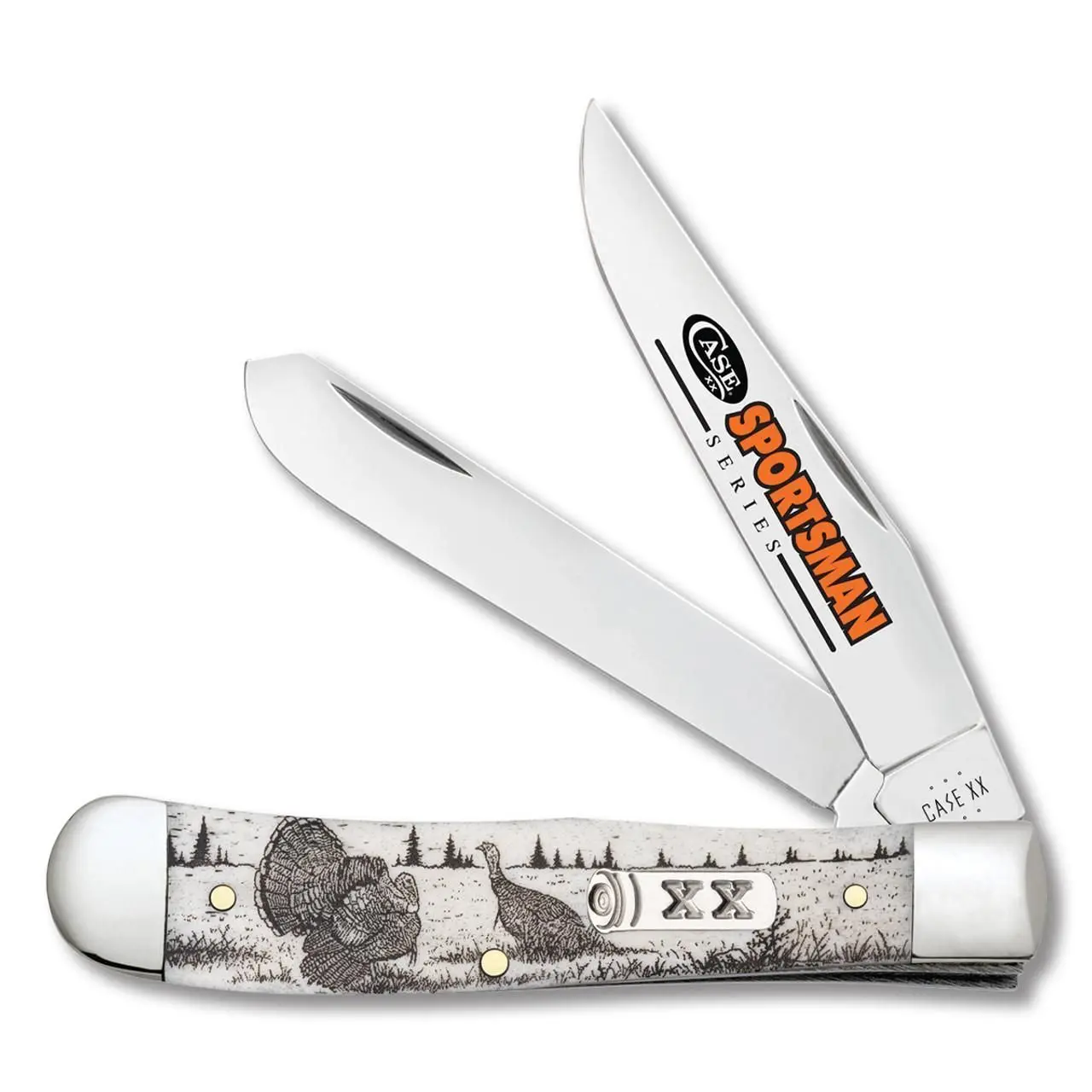Case 81221 Sportsman Series Natural Bone Turkey Trapper, Outdoor, Lightweight, Edge Retention, Multi-Purpose, Steel, Stainless Steel, Traditional, Trapping, Multi-Blade, Compact, Embellished Smooth Natural Bone Handle, Mirror-Polished, Shotgun Shell Shiel