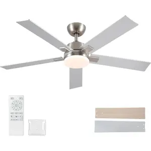 52 Inch Ceiling Fans with Lights and Remote, Brushed Nickel Ceiling Fan, 6 Speed Reversible DC, 3CCT Dimmable LED, Design for Bedroom, Living room  Covered Outdoor,Includes Downrod