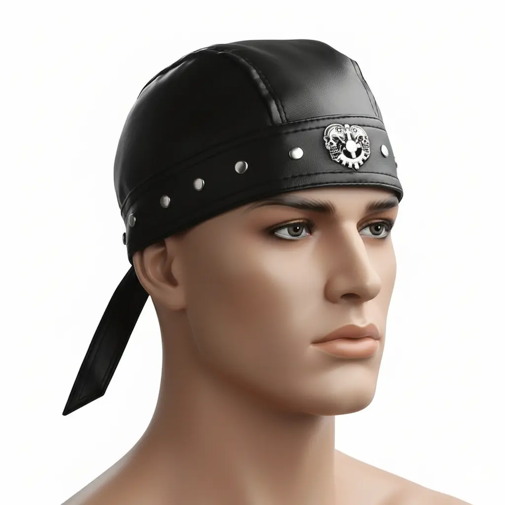 Unisex Adjustable PU Leather Double Skull Cross Cap - Street, Party Motorcycle Biker Punk Rock Hat with Rivet Studs, Cycling Doo Rag, Capsmith Du Rag, Adjustable Fit, Biking, Casual, Female, Fitted, One Size