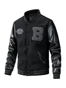Men's Letter Patch Pocket Sports Jacket, Casual Fitted Long Sleeve Stand Collar PU Leather Coat for Autumn & Winter, Stylish Designer Apparel