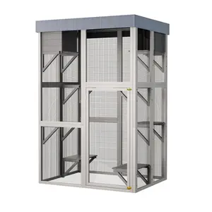 70.5" Tall Wooden Catio Outdoor Cat Enclosure, Gray Cat House Large Solid Wood Cage Playpen with 6 Jumping Platforms & 2 Napping Houses, Movable tarp cover