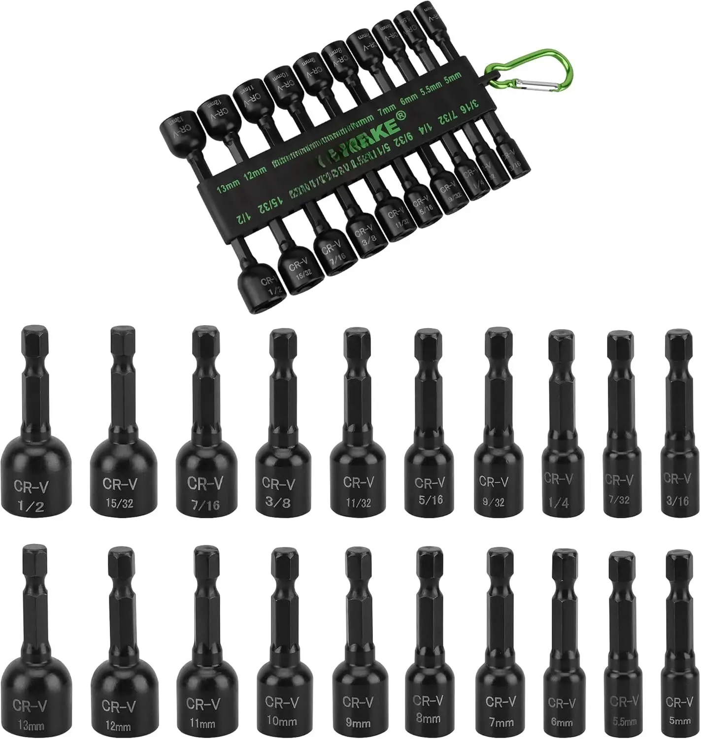 20-  Nut Driver Set, Metric & SAE 1/4" Hex Shank, Drill Socket Set, Impact Driver Bit Set,  Bit Holder with  Alloy Snap Clip, Quick Change Tool