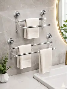 No Drill Suction Cup Stainless Steel Double Towel Rack, Retractable Chrome Bathroom Organizer, Space-Saving Wall-Mounted Home Bathroom Gadget