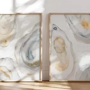 Coastal Oyster Print Set of 2 - Hamptons Style Beach House Decor - Serene Shell Artwork - Beach House Art, Unframed, Room Decor