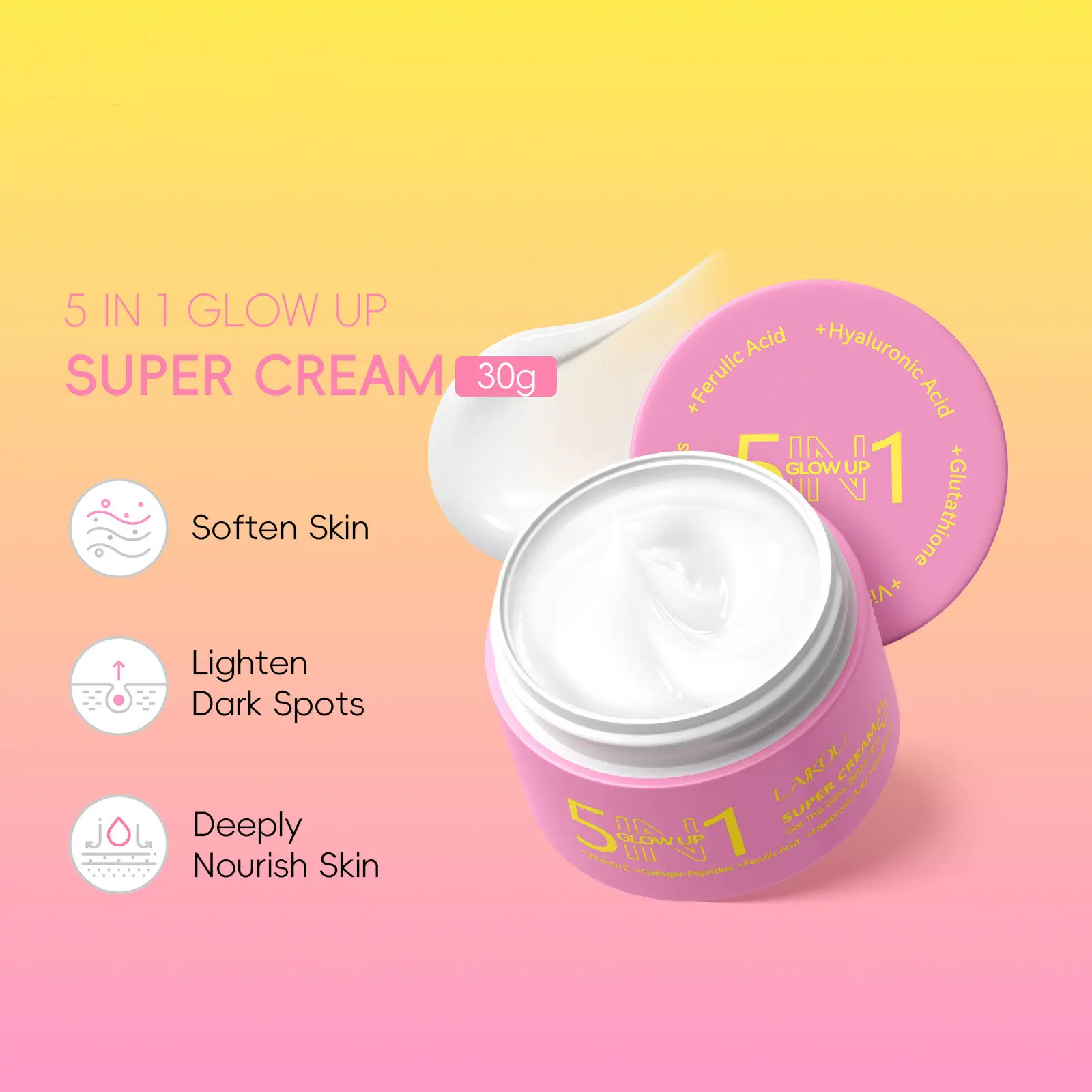 5-In-1 Glow Cream 30g with Hyaluronic Acid, Instant Brightening, Moisture Lock, Improves Dullness, Daytime Protection, Night Repair, 72h Moisture, Even Tone Moisturizer
