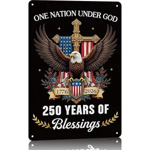 One Nation Under God 250 Years Of Blessings 1776-2026 8x12 Inch Aluminum Metal Sign - Patriotic Religious Wall Decor For Entryway, Man Cave, Church, 4th Of July - Retro Tin Sign Gift For Patriots & Christians