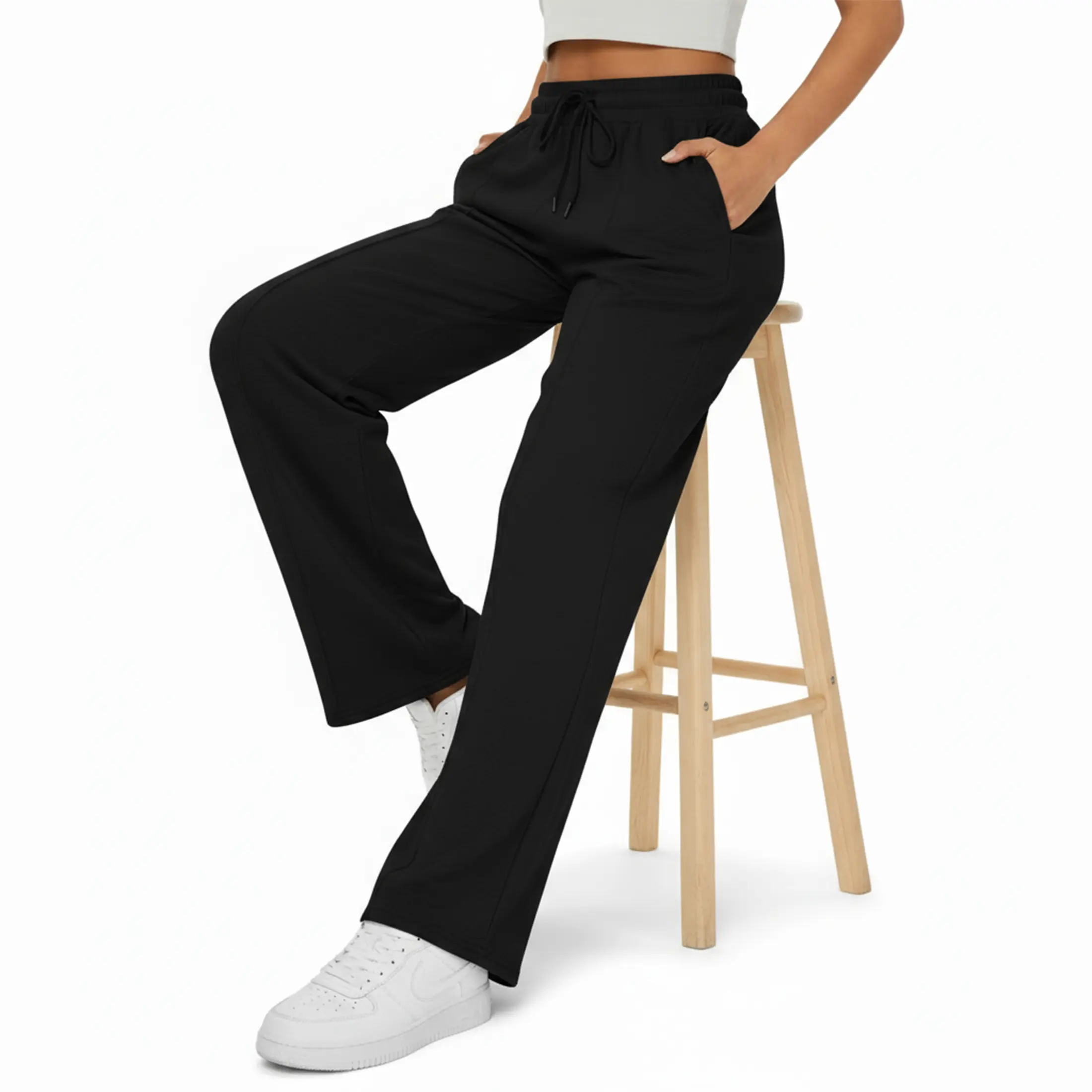 Grey/Black Wide Leg Sweatpants for Women, Trendy Loose Fit Winter Trousers