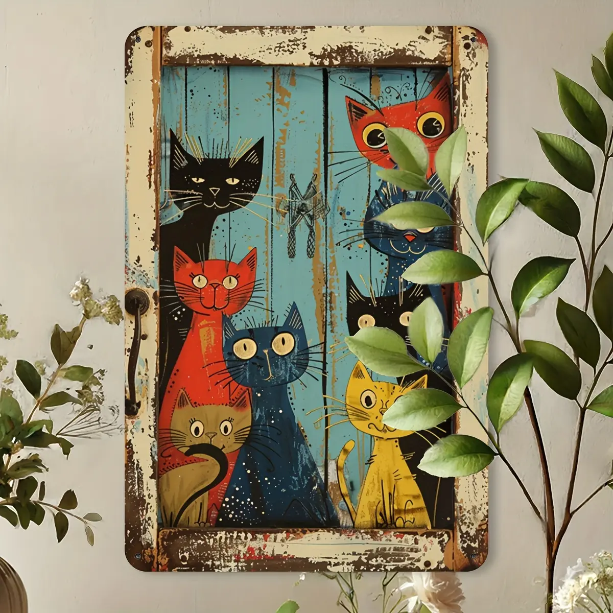 Vintage Metallic Whimsical Cats Peeking Aluminium Metal Sign, 8x12in Minimalist Light Rustic Wall Plaque, for Home Kitchen Wardrobe Decoration, Study