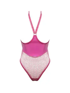 Free Tonight Women's Pink Chain Halter Teddy with Rhinestone Fishnet, Adjustable Neckline​