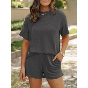 Women'sSolidTwistedRibbedKnitTexturedPocketShortsSet,CasualShortSleeveT-shirt&ElasticWaistShorts,SummerOutfitsSet,LadiesSummerClothesforDailyWear,Womenswear