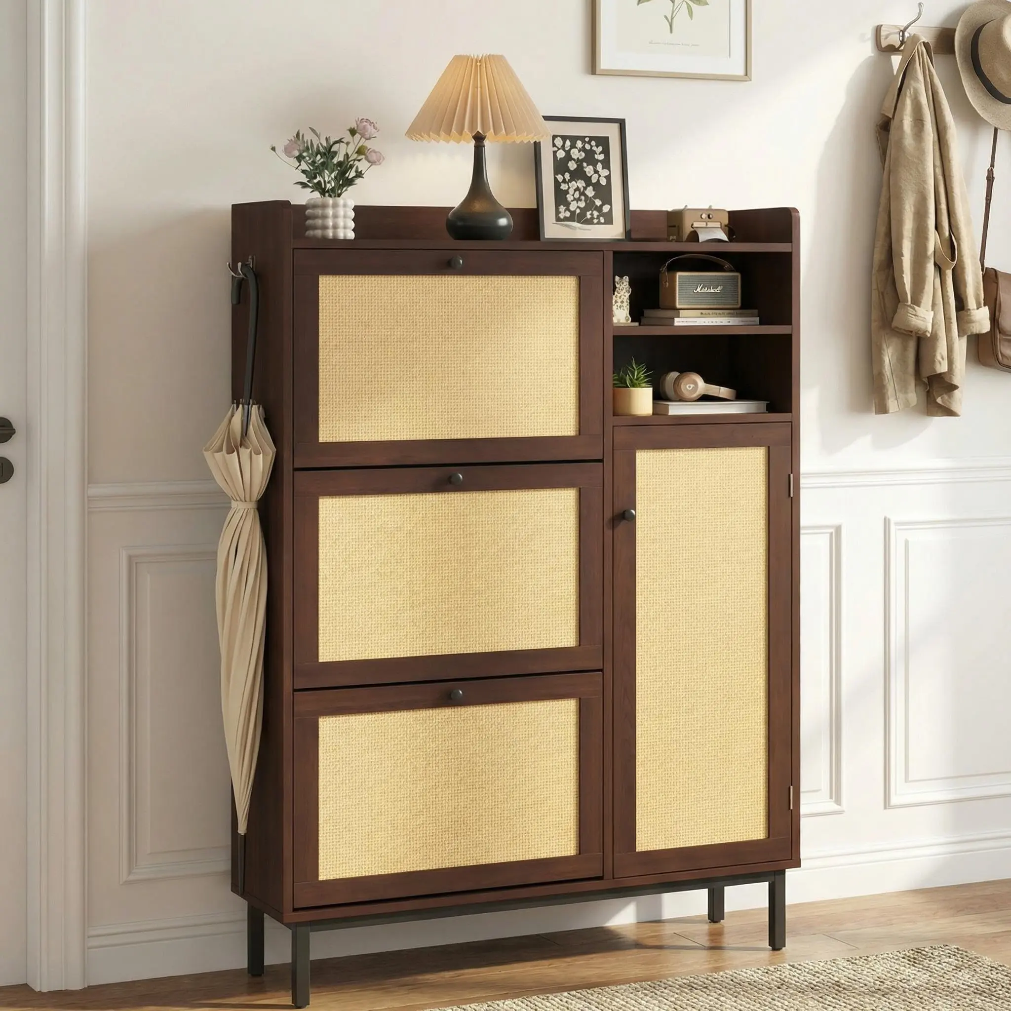 Garvee Slim Narrow Shoe Cabinet for Entryway with 3 Flip Drawers and Metal Legs, Freestanding Storage Organizer Ideal for Hallway, Entryway, and Foyer, Available in Dark Cherry Finish