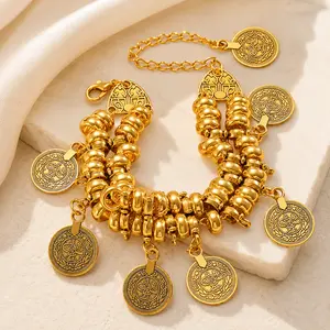 Gold Tone Ethnic Coin Charm Bracelet Double-Layer Adjustable Boho Statement Jewelry for Women Daily Wear Holiday Gift
