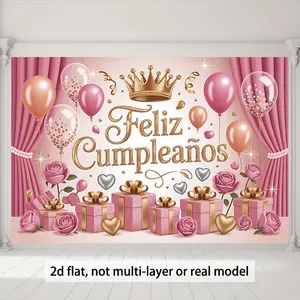 1pc 2D Flat Pink & Golden Spanish Birthday Print Fabric Banner - Durable Background, Glam Look Decor, Classroom Use & Home Ornament (White)