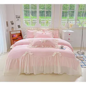 Chic Lace Bedding,Girls  Aesthetic Comforter Cover Set,Romantic  Princess Style Ruffled Duvet Cover with Lovely Bow with Zipper Closure-Pink, Size