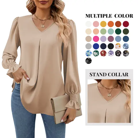 Women's Lightweight Smocked Chiffon Blouse - Long Bishop Sleeves Long Sleeve Shirts, V-Neck, Loose Fit, Ruffle, Chic Minimalist Boho Style, Breathable Fabric, Elegant Dressy Casual Top for Work, Wedding, New Year Use #Springfresh,summervibes,outdoorfun