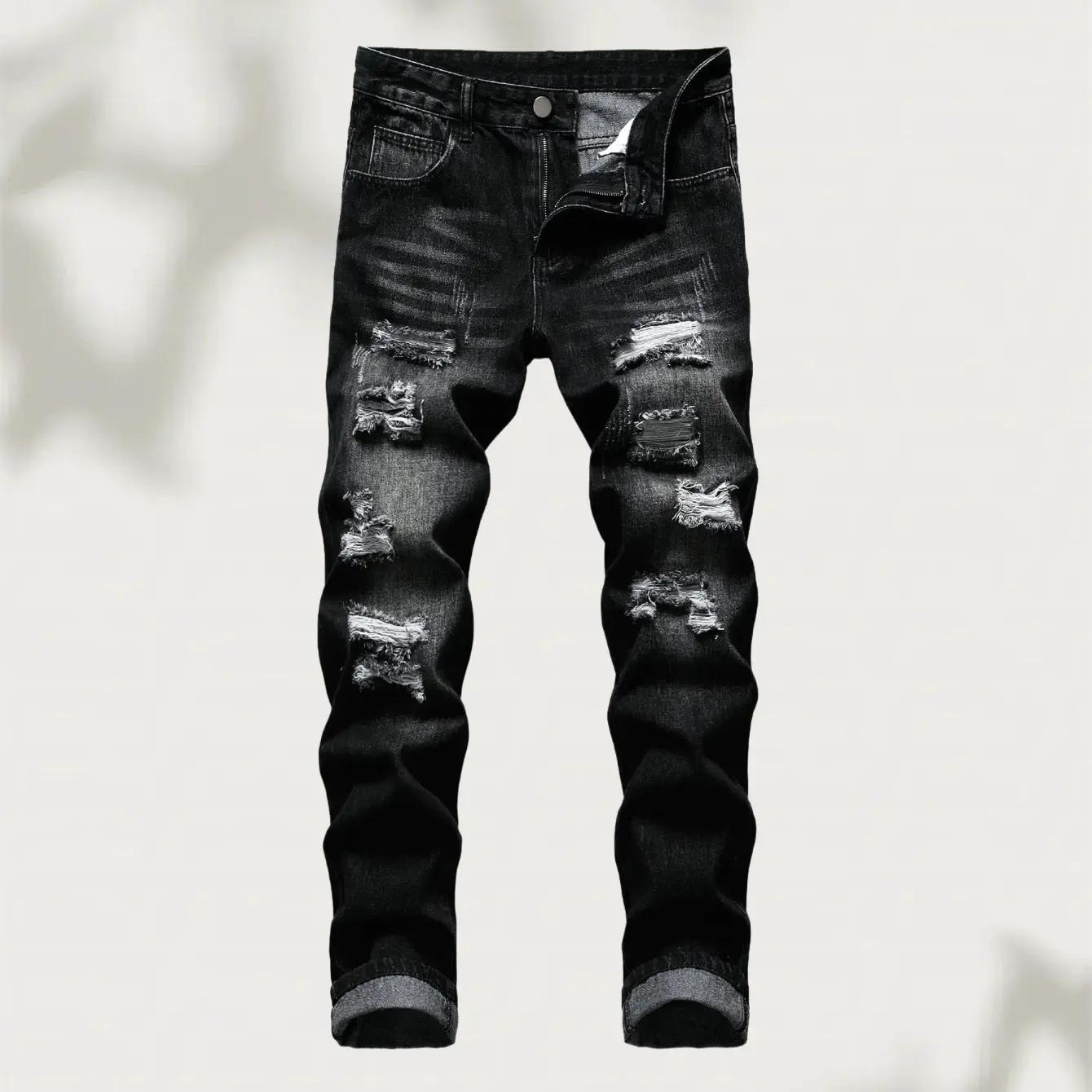One-piece men's jeans, black ripped men's jeans, men's street jeans, men's jeans, ripped denim skinny jeans, slim-fitting black ripped men's jeans, suitable for all seasons Men's Ripped Zipper Skinny Jeans pocket denim jean Men's Regular Fit Ripped Jeans