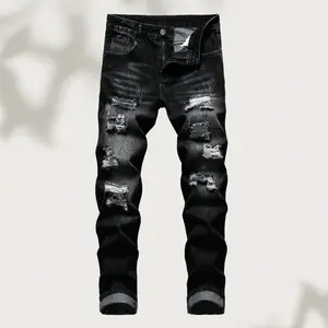 One-piece men's jeans, black ripped men's jeans, men's street jeans, men's jeans, ripped denim skinny jeans, slim-fitting black ripped men's jeans, suitable for all seasons Men's Ripped Zipper Skinny Jeans pocket denim jean Men's Regular Fit Ripped Jeans