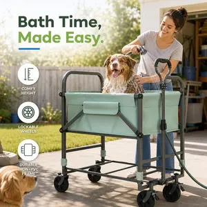 Elevated Dog Bath Tub with Wheels, Height Adjustable Foldable Pet Grooming Station, Portable Raised Dog Wash Tub for Small Dogs & Cats up to 33lbs