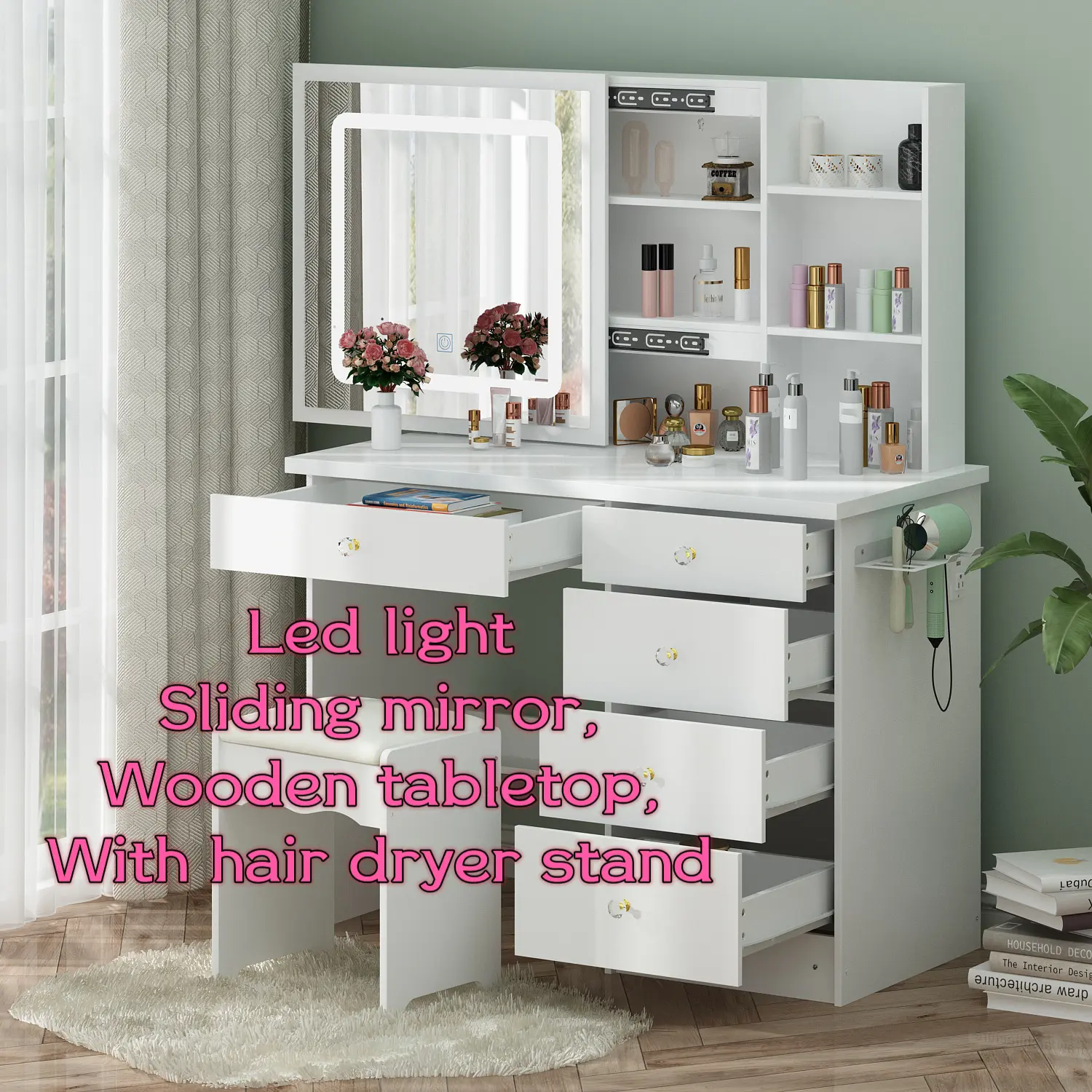 Large Sliding Lighted Mirro & Power Strip/ White