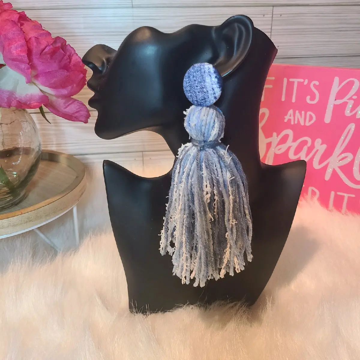 Yarn Tassel Earrings-Denim in Distress