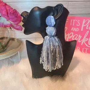 Yarn Tassel Earrings-Denim in Distress