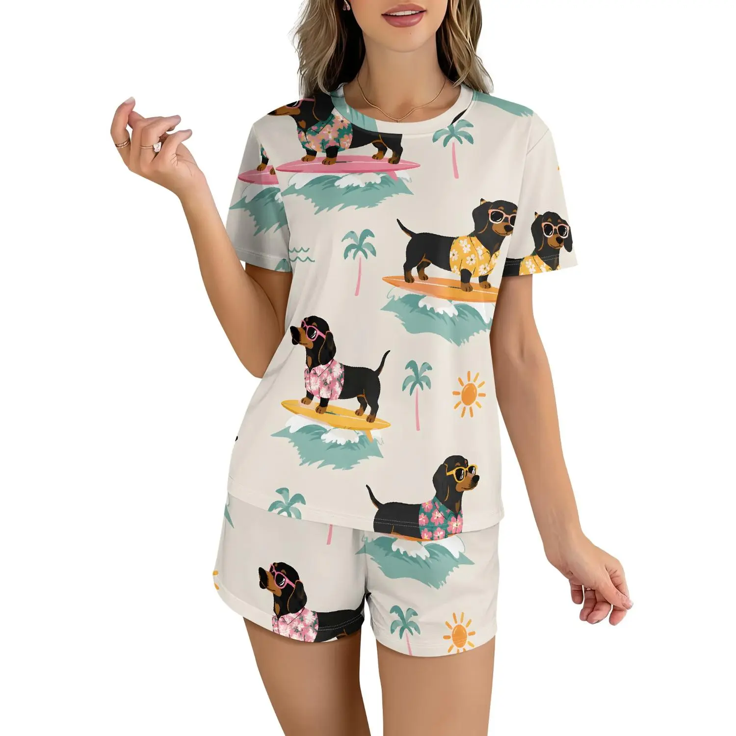 Cute Dachshund Print Women's 2 Piece Pajama Set - TikTok Favorite Matching Sleepwear for Casual Summer Vibes