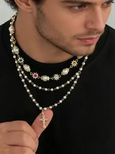 Vintage Metal Cross Pendant Necklace Set, Bohemian Style Colorful Crystal Faux Pearls, Hip Hop Daily Wear, Men's Holiday Gift