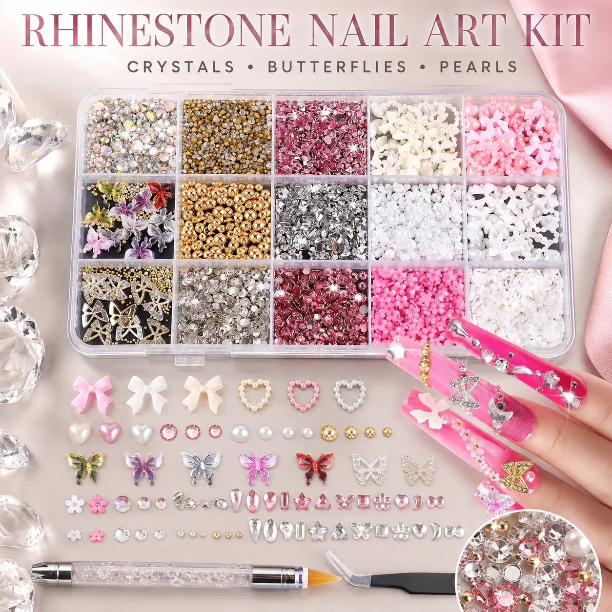 3D Nail Charms Pack - Cute DIY Nails Assortment Kit with Storage Box, Precision Tools & Assorted Decorations (Bows, Pearls, Rhinestones, Cherries, Flowers, Butterflies) for Custom Looks, Assortment Kits