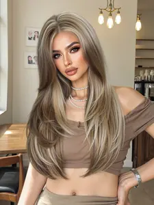 26 Inch Gold Highlights Bangs Gradient Long Synthetic Fiber Wig, Fashion High-Quality Hairpiece for Daily Wear & Activities