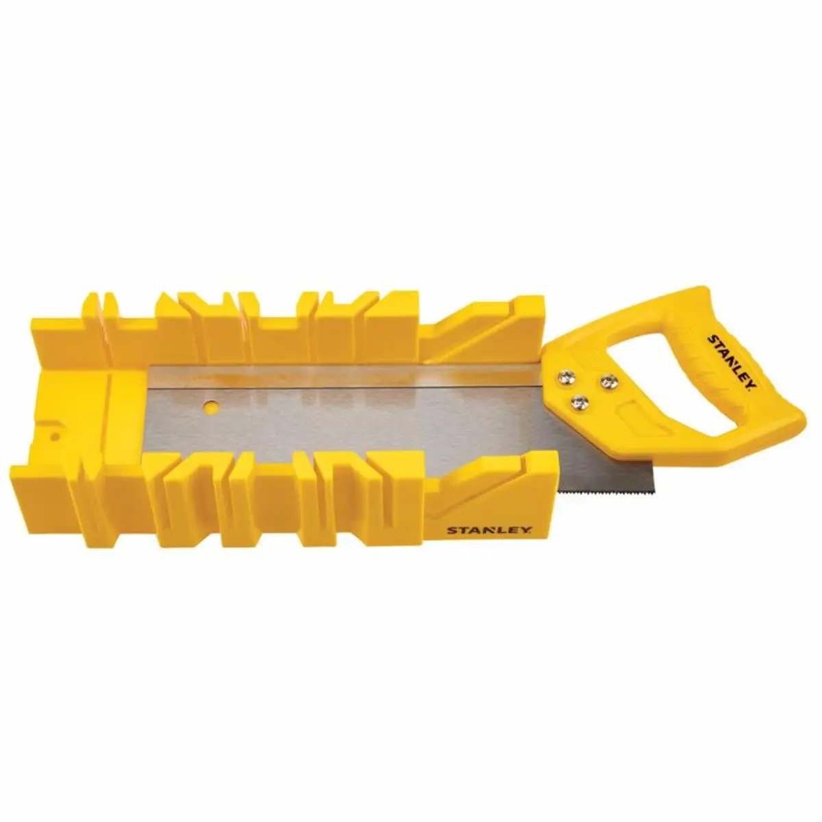 STANLEY 2017141 Plastic Miter Box with Saw, 11x3.6 in, Yellow, Oversize Guide for Precise Cuts, Secure Hold