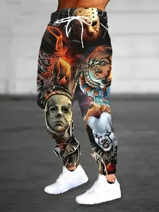 Halloween Horror Character 3D Pattern Printed Comfortable Sports Pants With Drawstring - Quick-Dry, Moisture-Wicking Horror Graphic Joggers | Polyester Sweatpants with Pockets, Casual Trousers for Running, Outdoor Activities