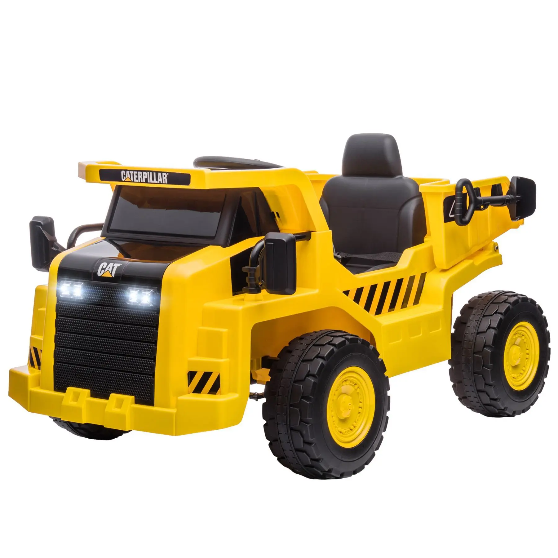 Licensed 12V Yellow Plastic Battery-Powered Caterpillar Ride-On Dump Truck for 3-6 Yrs Kids, ASTM F963 BPA/Nitrosamine/Phthalate-Free Outdoor Toy with Parental Control, Bucket, Shovel, Musical Features, Loudspeaker, LED Headlights