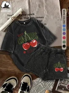 Two-piece Set Women's Cherry Print Short Sleeve Crewneck Tee & Shorts, Casual Round Neck Shortsleeve T-shirt & Shorts, Ladies Clothes for Daily Wear, Suits, Womenswear, Matching Clothing Set, Casual Lounge Set, Summer Clothing Set