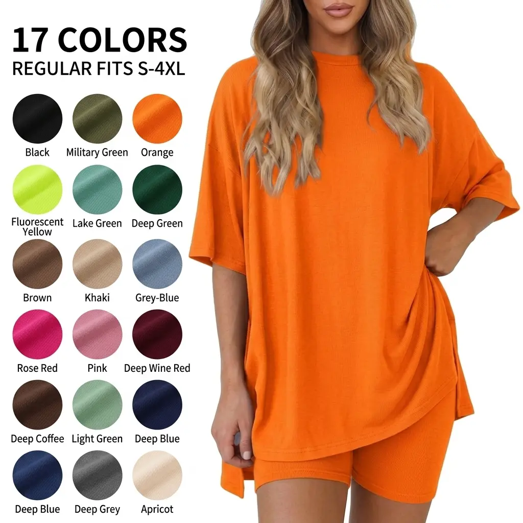 Crewneck Two-Piece Set For Women Summer Casual Pullzise Split Hem Shirts & Side Pocket Biker Shorts Minimalist Lounge Wear Soft MILK SILK Fabric Comfy Homewear Cozy Pjs Clothes Top Womenswear Suits Gamis Matching Set Outfit Black