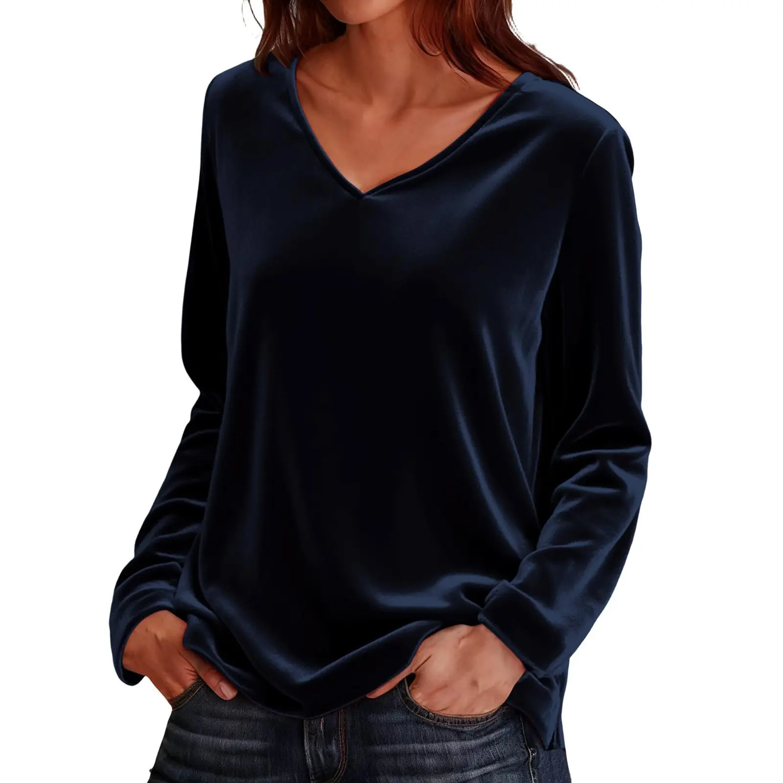 Women Velvet V‑Neck Long Sleeve Top, Loose Fit Solid Color Velour Pullover T‑Shirt, Casual Fall Winter Basic Blouse