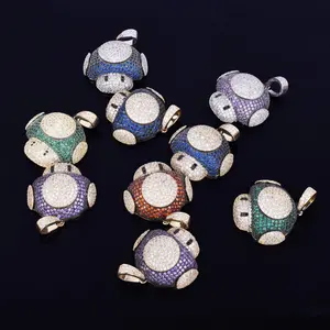 Platinum & Gold Plated Colorful Rainbow Mushroom Pendant Necklace, Punk Rock Cute Hip Hop Y2K Aesthetic Jewelry For Men Women, Premium Copper Inlaid Shiny Zirconia, Trendy Streetwear Rap Fashion Statement Necklace, Cool Stylish Daily Wear Gift TK