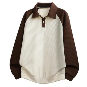 Autumn New Stretch Jacquard Casual Polo Colorblock Sweatshirt with Collar Trendy Versatile Long Sleeve Top Base Shirt Unisex Couple’s Daily Wear Comfortable Soft