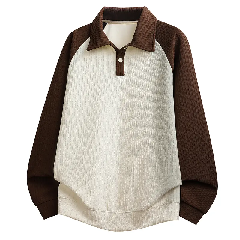 Autumn New Stretch Jacquard Casual Polo Colorblock Sweatshirt with Collar Trendy Versatile Long Sleeve Top Base Shirt Unisex Couple’s Daily Wear Comfortable Soft