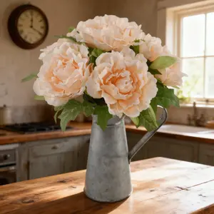 13" Tall Peach Peony in Galvanized Tin for Room Decor - White & Green Flower Arrangement for Spring Indoor Ornaments
