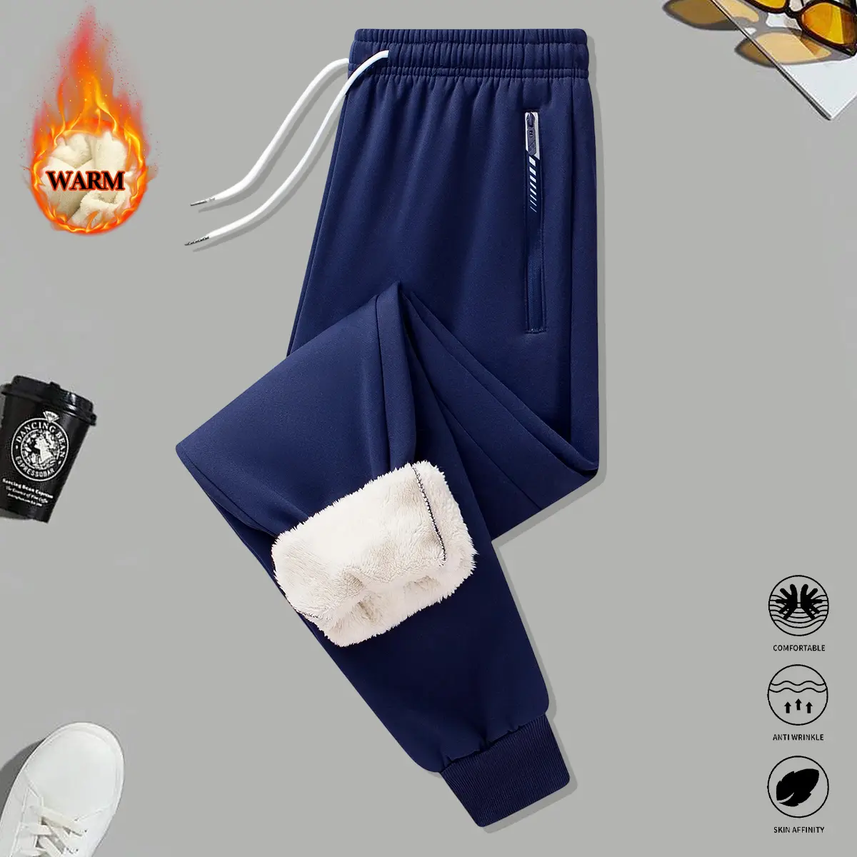 Women’s casual long pants with fleece lining for warmth, featuring an elastic waistband and drawstring, with pockets; windproof, insulated leggings suitable for home and outdoor wear—women’s all-season pants. bottoms