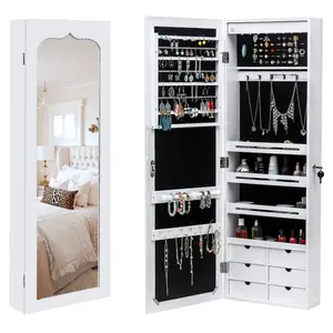 Large Full-Length Jewelry Cabinet, Wall & Door Mounted Storage for Bedroom or Closet, with LED Lights, 65 Ring Slots, 6 Drawers & 12 Necklace Hooks